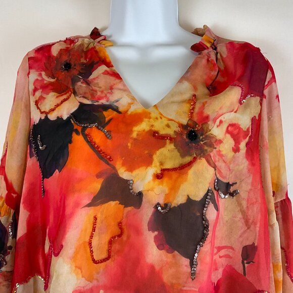 Willa Story Blouse Multi Pink XS Floral Sequins Ruffle Trim Long Sleeve New NWT - Picture 3 of 12